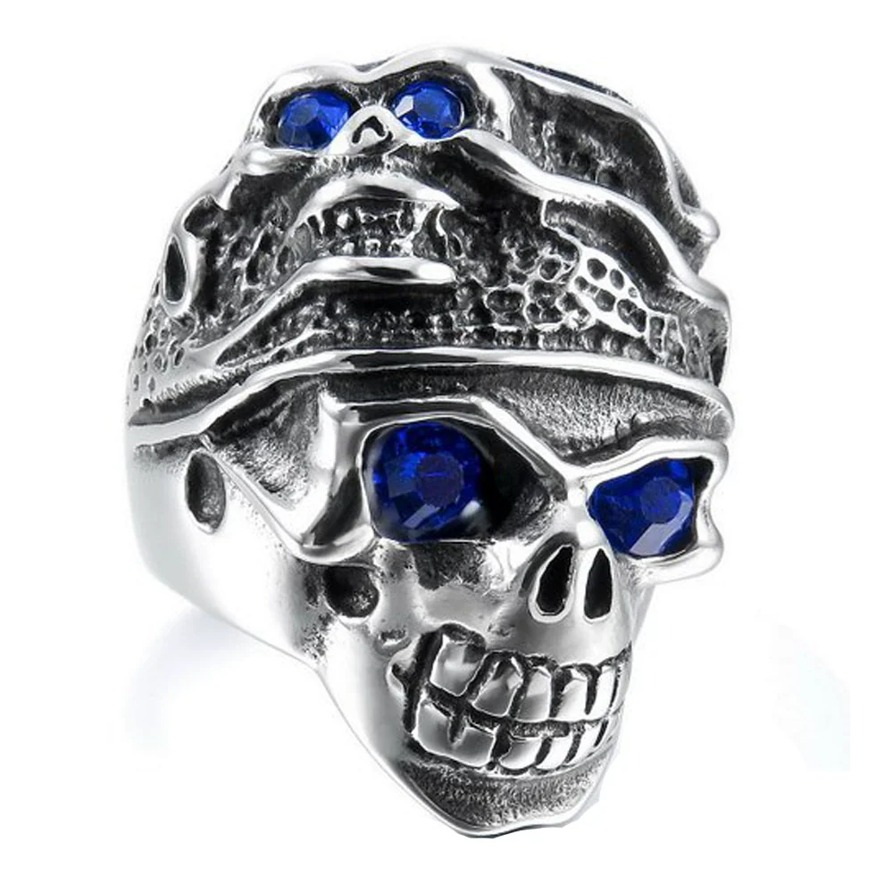 Wholesale Stainless Steel Unisex Double Skull Blue Eye Ring With Sapphire Retro Style And Oil Applied - Image 5