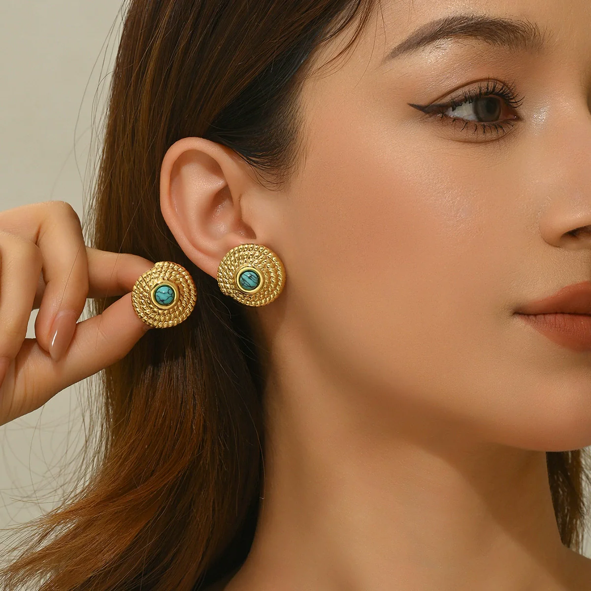 Wholesale Stamped Geometric Blue Turquoise Stainless Steel Earrings For Women - Image 2