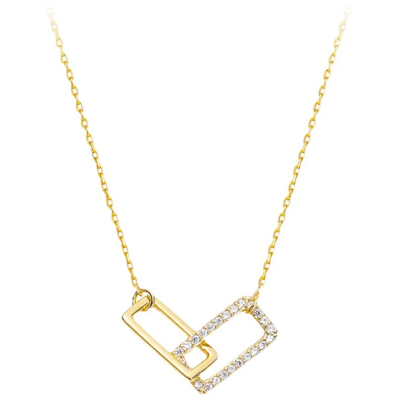Wholesale Sterling Silver Light Luxury Double Rectangular Ochain Necklace With Geometric Pattern And Diamond Design For Women - Image 5