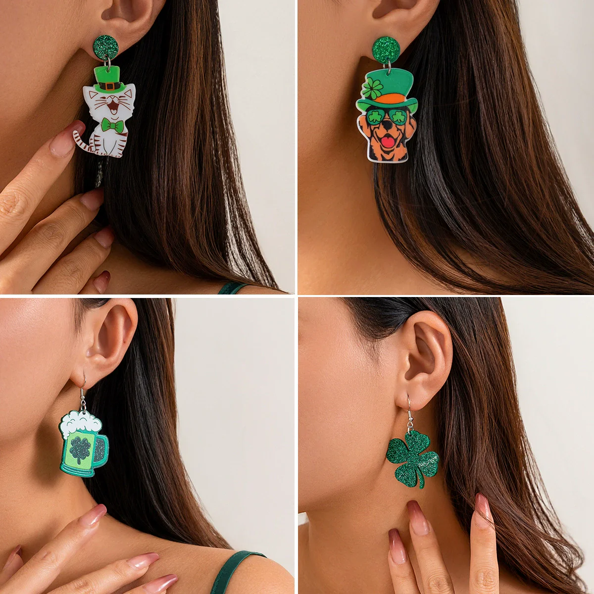 Wholesale Stud Earrings Alloy Green Micro Inlaid Rhinestone Geometric Letter Design Retro For Women - Image 2