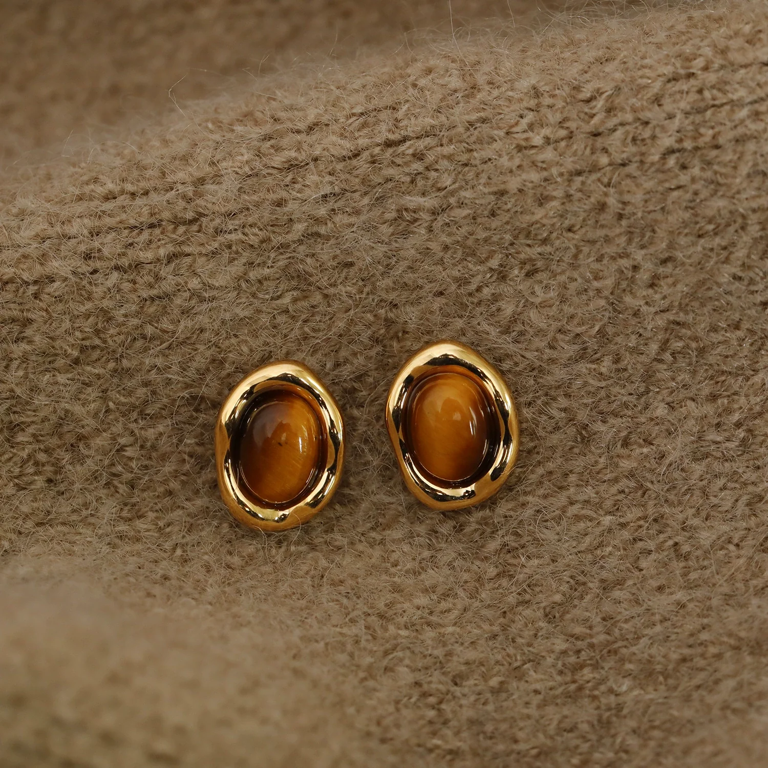 Wholesale Stud Earrings Copper Geometric Style Electroplating Tiger Eye Stone Ear Jewelry For Women - Image 6