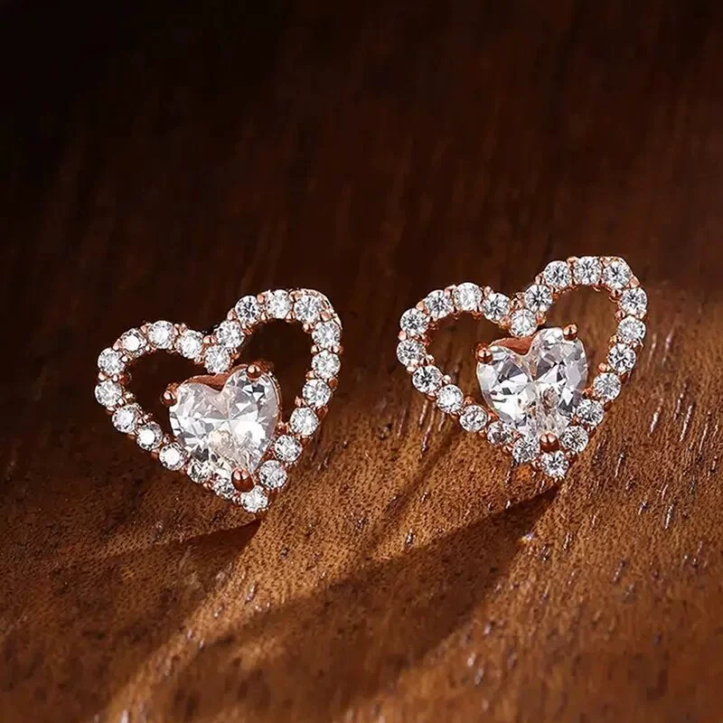 Wholesale Stud Earrings Copper Heart Shaped Inlaid Zircon For Women Simple Style - Image 3