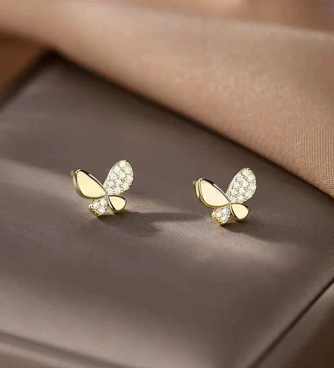 Wholesale Stud Earrings Sterling Silver Butterfly Diamondembedded Goldplated Mini Zircon Bow Animal Insect Zodiac Fairy Style For Women - Image 5