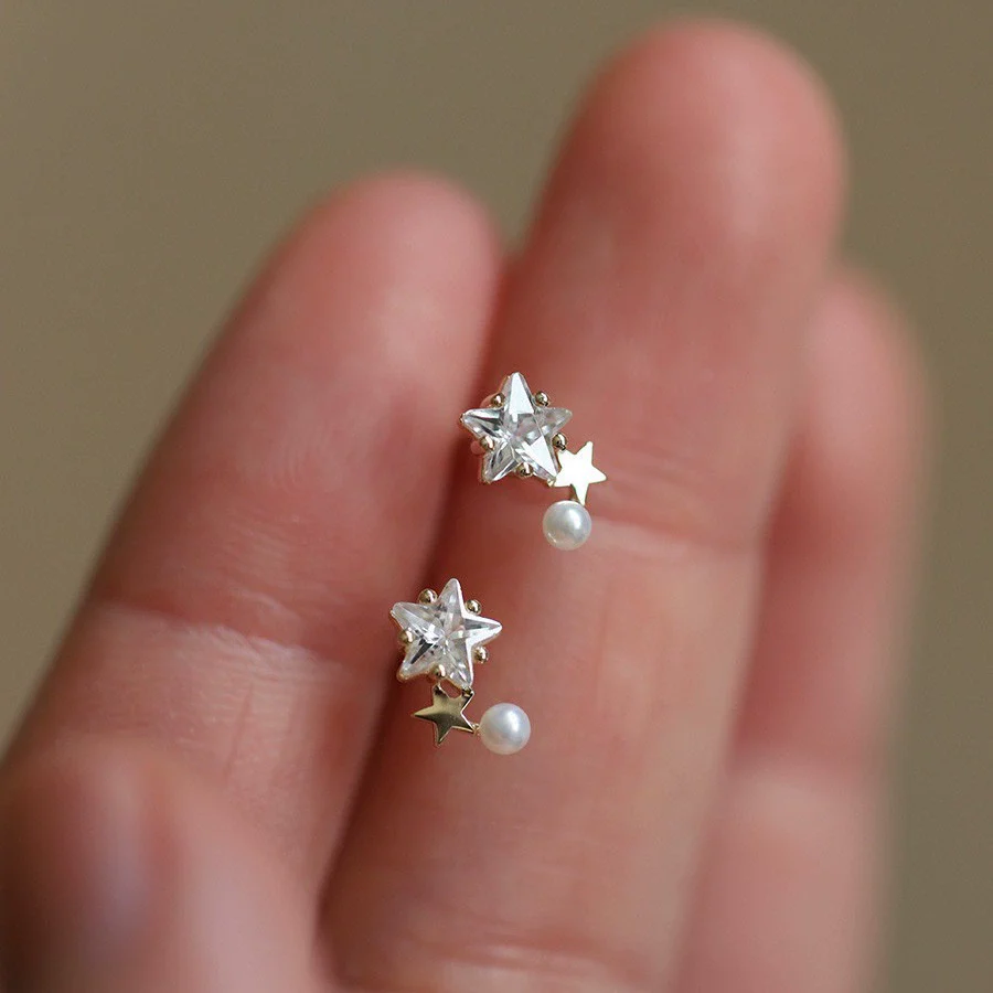 Wholesale Stud Earrings Sterling Silver Fivepointed Star Pearl Inlaid For Women Cute Style