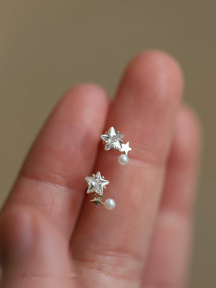 Wholesale Stud Earrings Sterling Silver Fivepointed Star Pearl Inlaid For Women Cute Style - Image 6