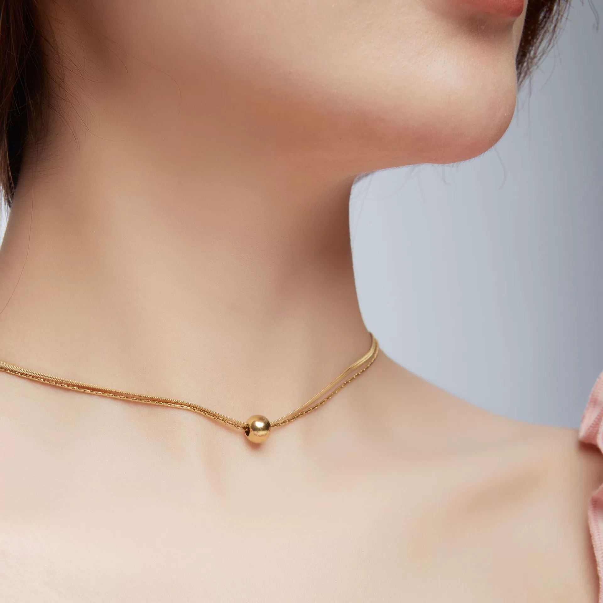 Wholesale Sweet And Cool Geometric Doublelayer Gold Bead Titanium Steel Snake Bone Chain Necklace And Anklet For Women