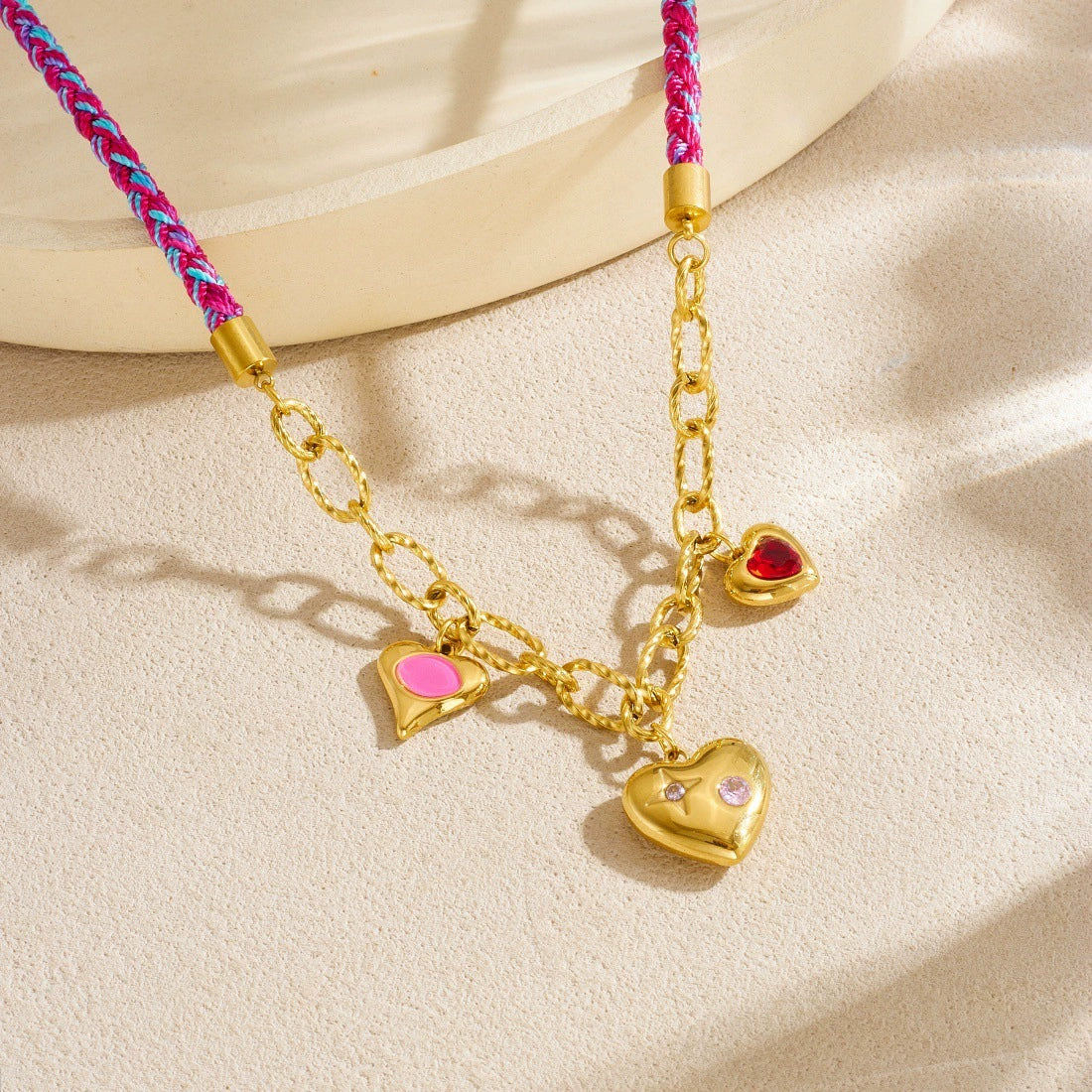 Wholesale Sweet And Cool Style Electroplated Stainless Steel Heartshaped Handwoven Rope Chain Necklace For Women - Image 2
