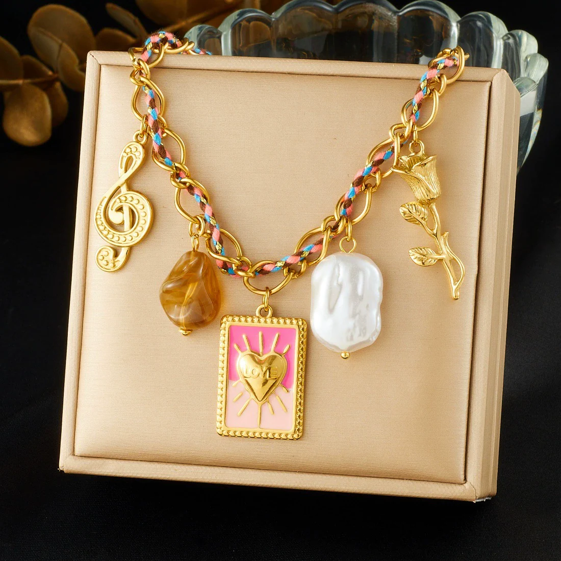 Wholesale Sweet And Cool Style Gold Electroplated Stainless Steel Heart Shape Musical Note Pendant Necklace For Women