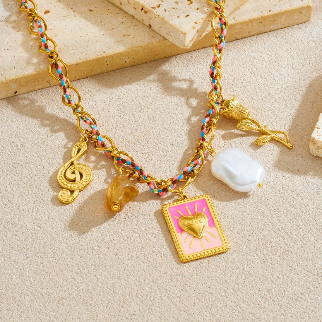 Wholesale Sweet And Cool Style Gold Electroplated Stainless Steel Heart Shape Musical Note Pendant Necklace For Women - Image 2