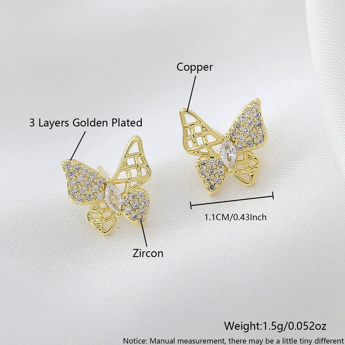 Wholesale Sweet Animal Shaped Hollow Copper Goldplated Butterfly Ear Studs For Women - Image 7