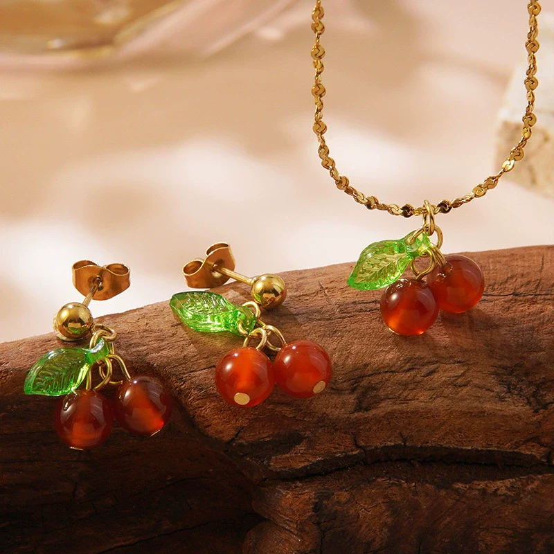 Wholesale Sweet Fairy Style Fruit Pattern Cherry Stainless Steel Electroplated Jewelry Set For Women Necklace Earring