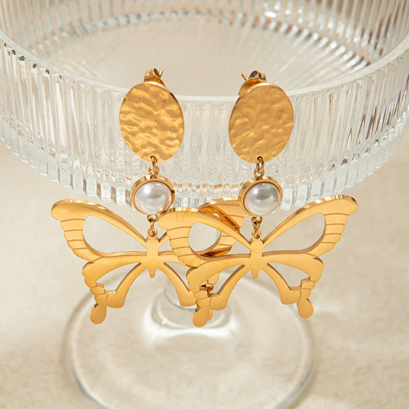 Wholesale Sweet Stainless Steel Gold Plated Butterfly Fashion Women's Earrings