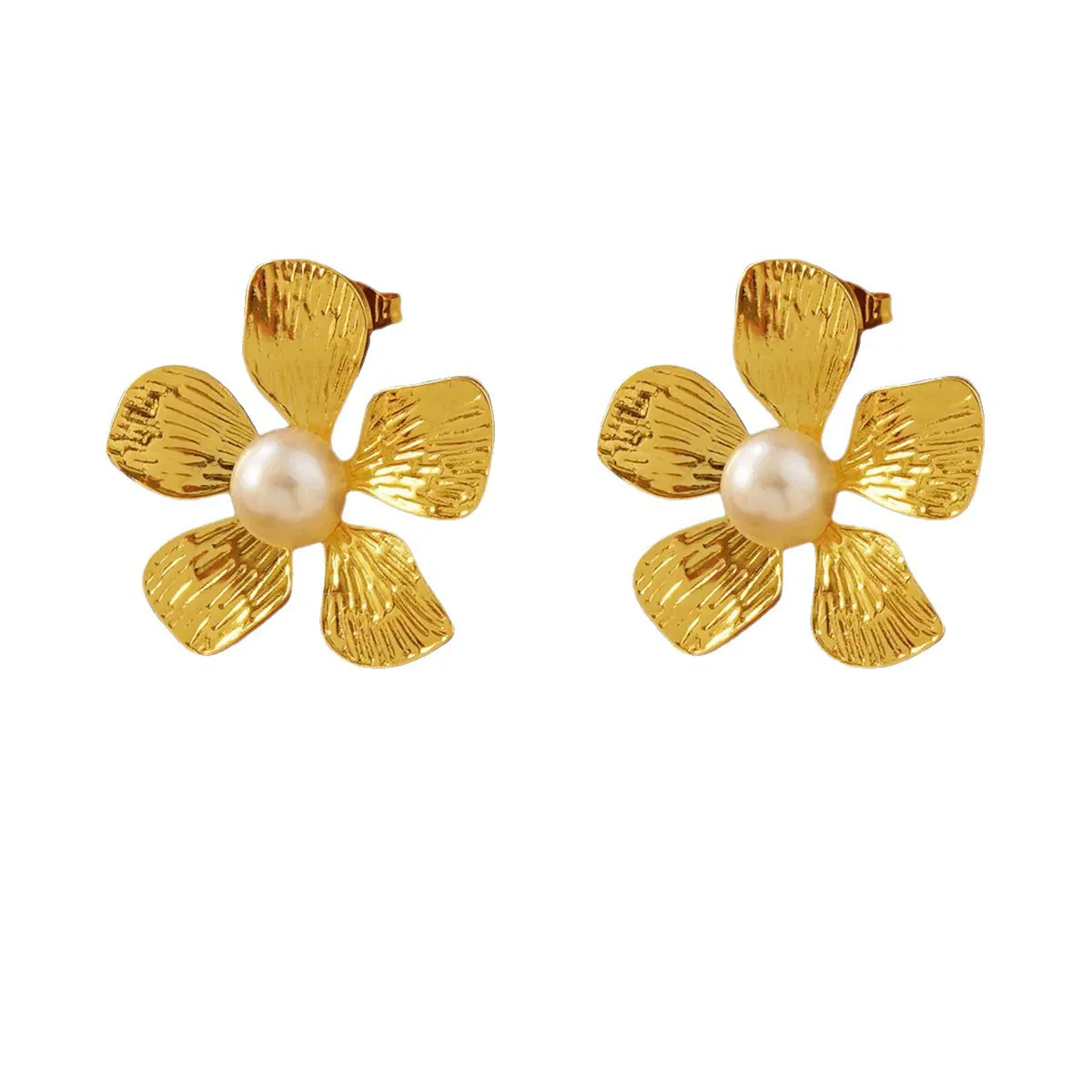 Wholesale Sweet Style Stamped Fiveleaf Flower Stainless Steel Earrings Inlaid With White Beads For Women - Image 5