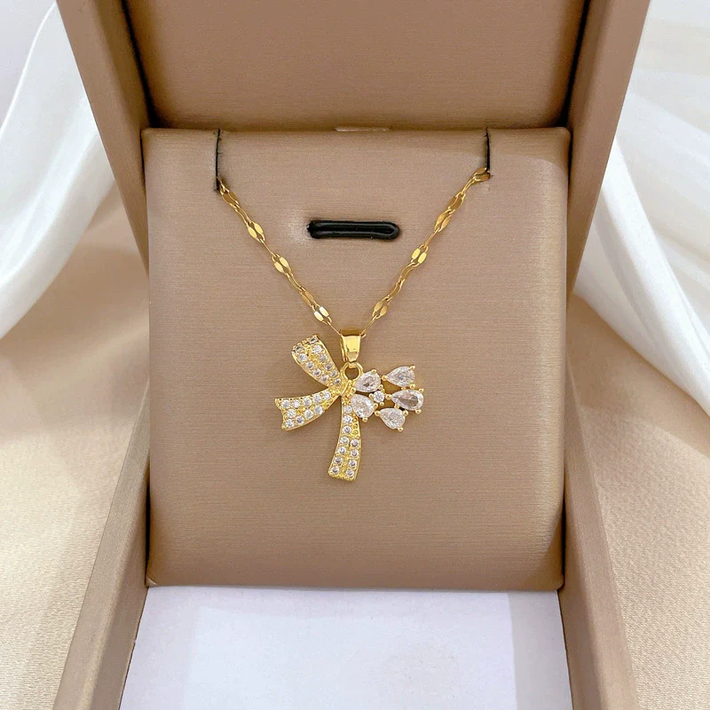 Wholesale Titanium Steel And Brass Women's Cartoon Geometric Diamond Inlaid Butterfly Water Drop Necklace Accessories