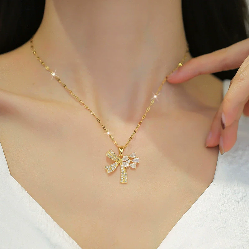 Wholesale Titanium Steel And Brass Women's Cartoon Geometric Diamond Inlaid Butterfly Water Drop Necklace Accessories - Image 2