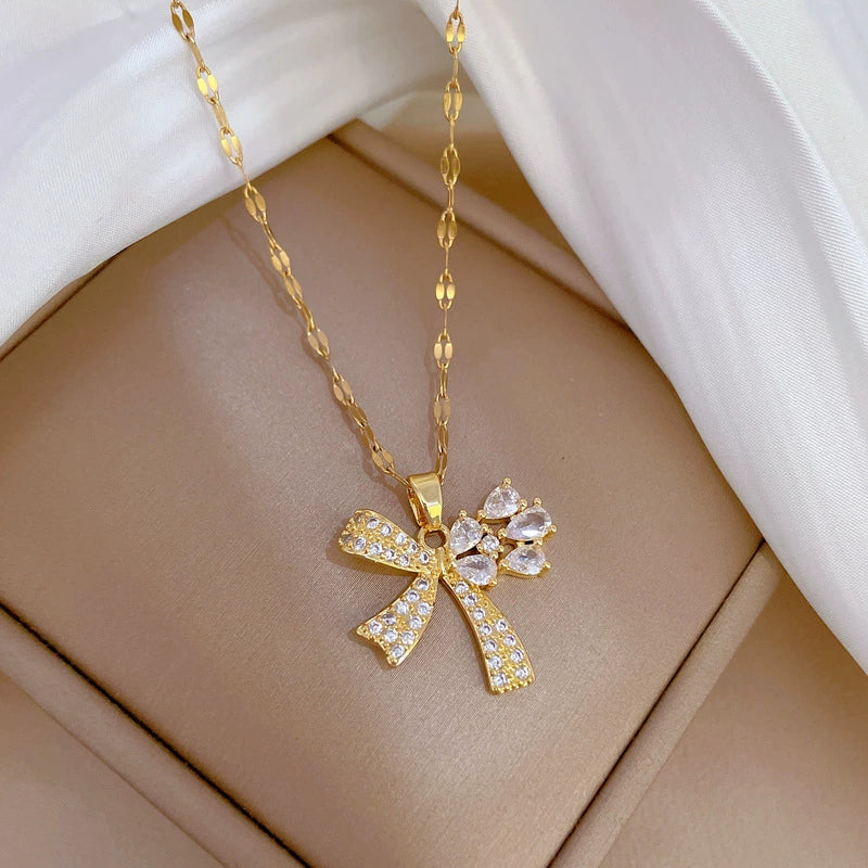 Wholesale Titanium Steel And Brass Women's Cartoon Geometric Diamond Inlaid Butterfly Water Drop Necklace Accessories - Image 3