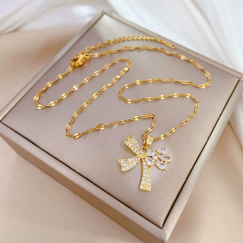 Wholesale Titanium Steel And Brass Women's Cartoon Geometric Diamond Inlaid Butterfly Water Drop Necklace Accessories - Image 4