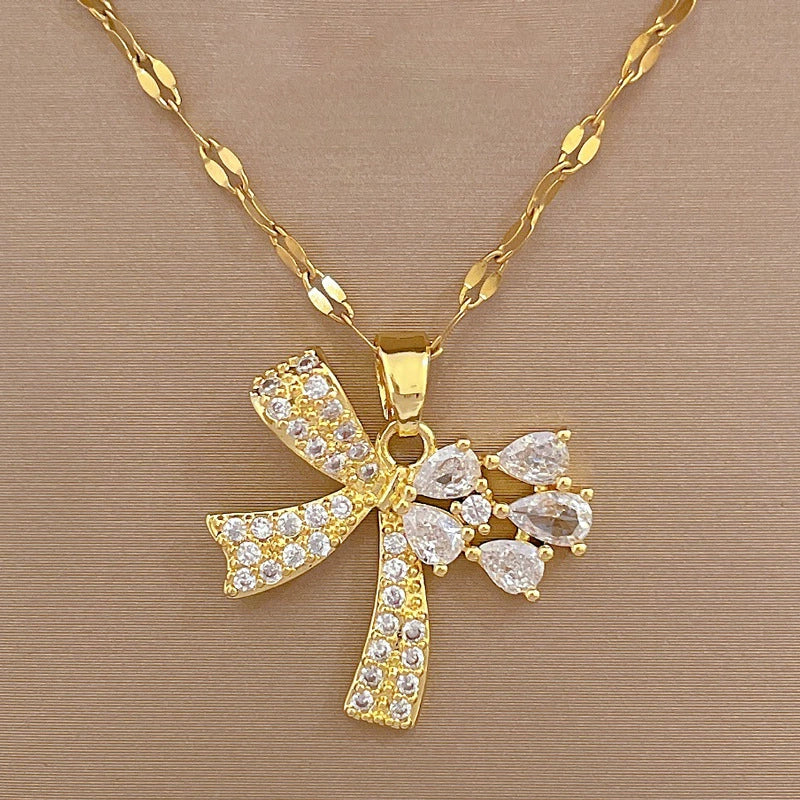 Wholesale Titanium Steel And Brass Women's Cartoon Geometric Diamond Inlaid Butterfly Water Drop Necklace Accessories - Image 6
