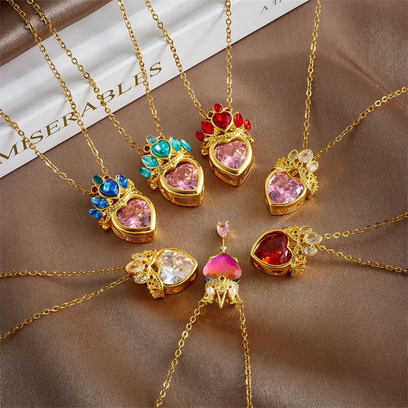 Wholesale Titanium Steel And Copper Ochain Clavicle Necklace With Mixed Gem Inlay Crown And Heart Pattern For Women Light Luxury Style Electroplating Process