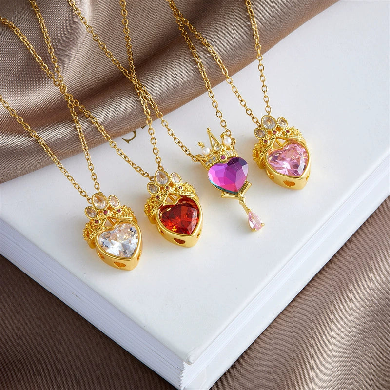 Wholesale Titanium Steel And Copper Ochain Clavicle Necklace With Mixed Gem Inlay Crown And Heart Pattern For Women Light Luxury Style Electroplating Process - Image 3