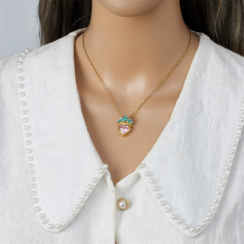 Wholesale Titanium Steel And Copper Ochain Clavicle Necklace With Mixed Gem Inlay Crown And Heart Pattern For Women Light Luxury Style Electroplating Process - Image 4