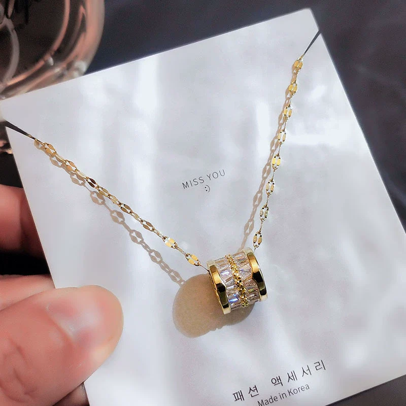 Wholesale Titanium Steel And Copper Women's Geometric Style Double Row Full Diamond Zircon Small Waist Pendant Water Wave Chain Necklace