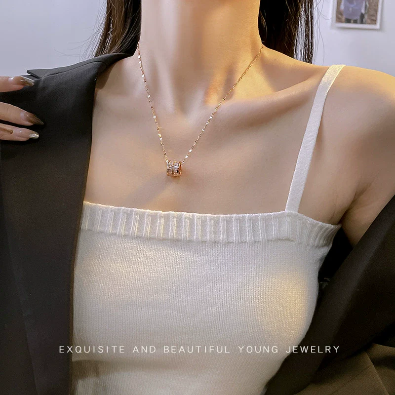Wholesale Titanium Steel And Copper Women's Geometric Style Double Row Full Diamond Zircon Small Waist Pendant Water Wave Chain Necklace - Image 2