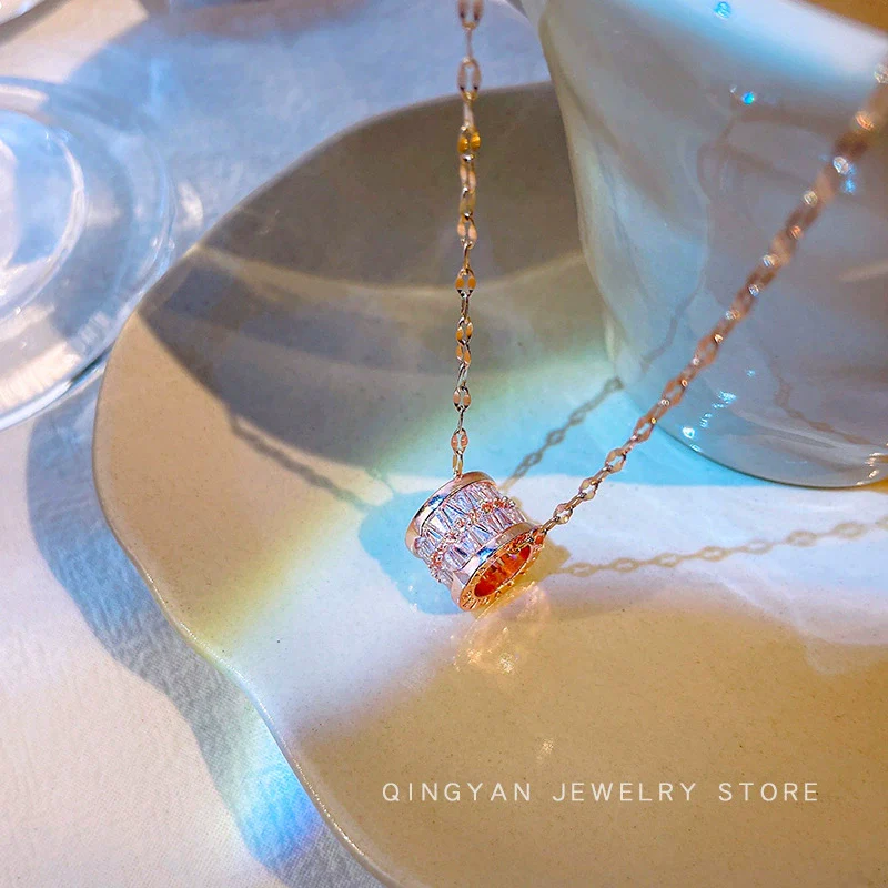 Wholesale Titanium Steel And Copper Women's Geometric Style Double Row Full Diamond Zircon Small Waist Pendant Water Wave Chain Necklace - Image 6