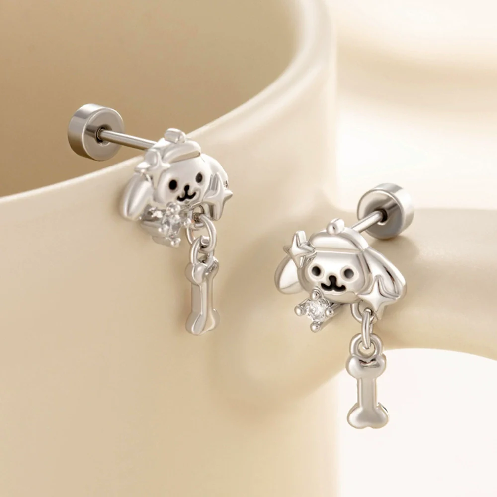 Wholesale Titanium Steel Animals Puppy Bone Style Women's Ear Nails With Electroplating