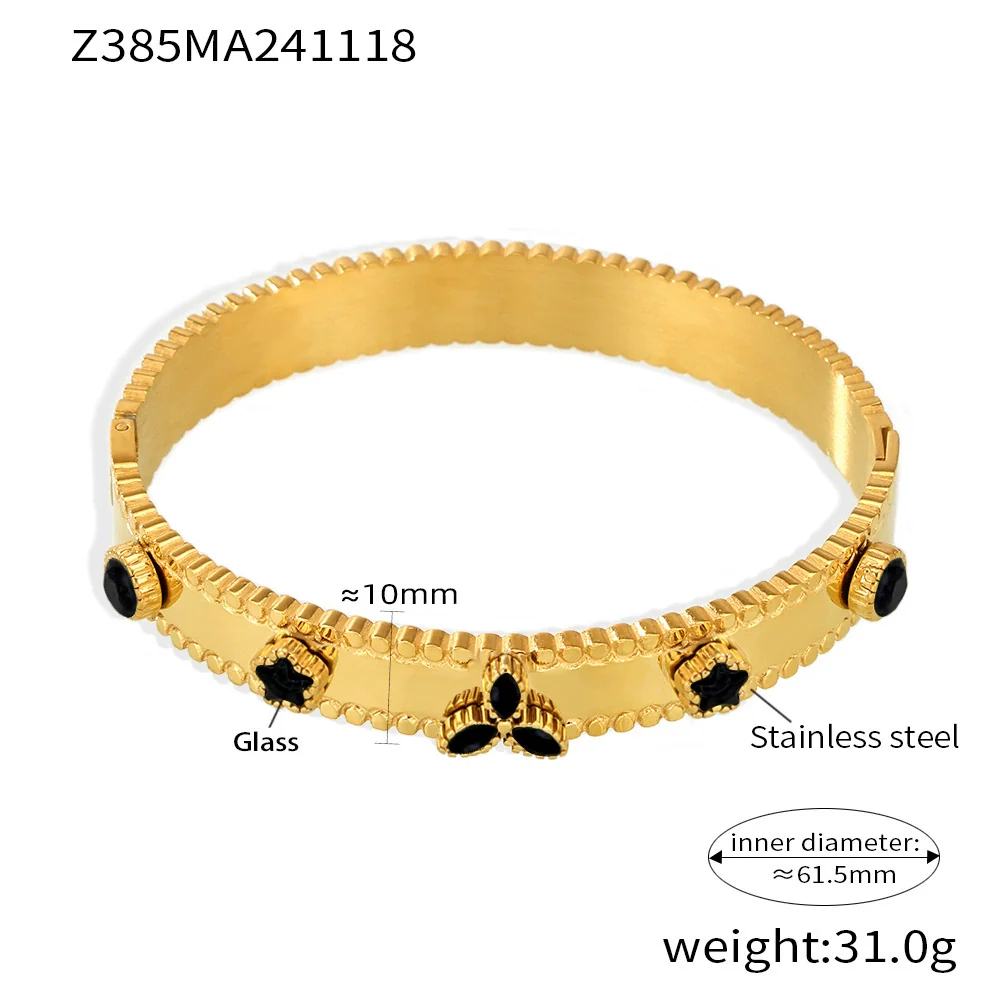 Wholesale Titanium Steel Bracelet With Clover Zircon Czech Glass Flower Buckle And Gear Design 18K Gold Plated - Image 6