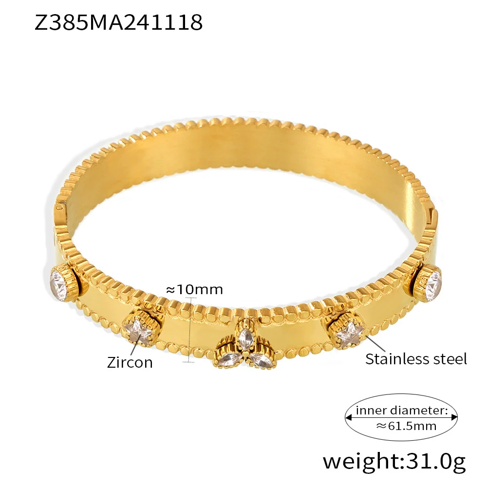Wholesale Titanium Steel Bracelet With Clover Zircon Czech Glass Flower Buckle And Gear Design 18K Gold Plated - Image 7