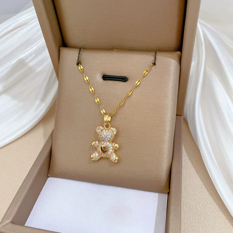 Wholesale Titanium Steel Cartoon Geometric Bear Necklace With Real Gold Micro Inlaid Zirconia And Diamond Treatment - Image 3