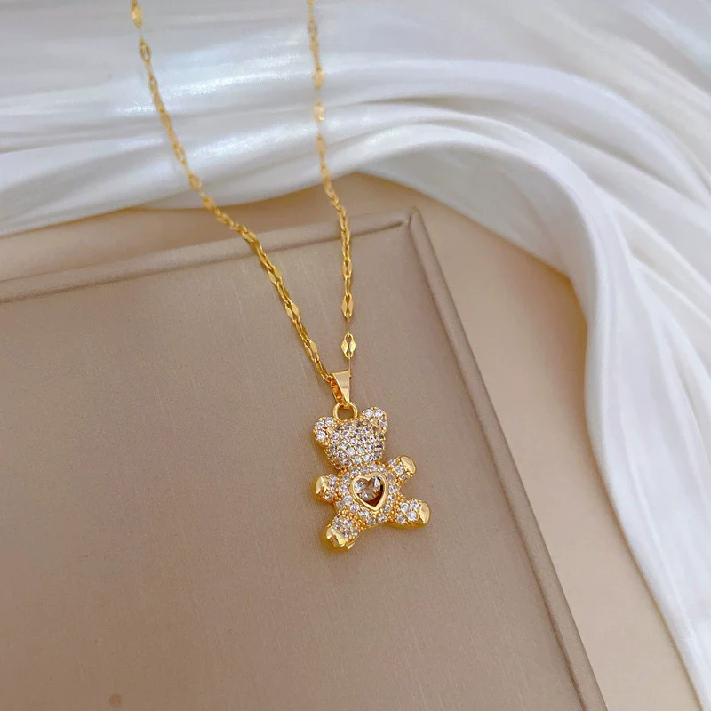 Wholesale Titanium Steel Cartoon Geometric Bear Necklace With Real Gold Micro Inlaid Zirconia And Diamond Treatment - Image 4