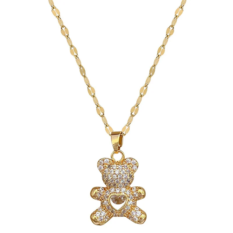 Wholesale Titanium Steel Cartoon Geometric Bear Necklace With Real Gold Micro Inlaid Zirconia And Diamond Treatment - Image 5