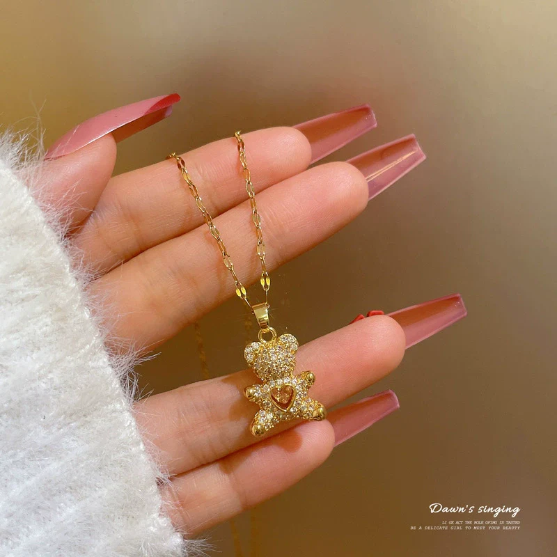 Wholesale Titanium Steel Cartoon Geometric Bear Necklace With Real Gold Micro Inlaid Zirconia And Diamond Treatment - Image 6