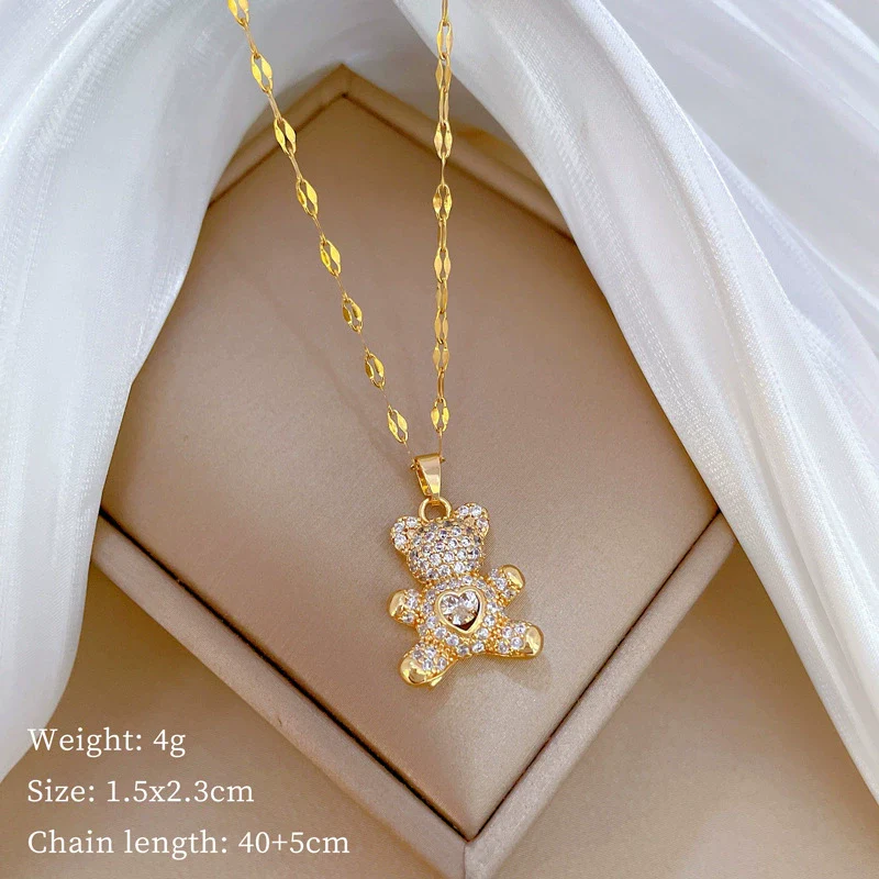 Wholesale Titanium Steel Cartoon Geometric Bear Necklace With Real Gold Micro Inlaid Zirconia And Diamond Treatment - Image 7
