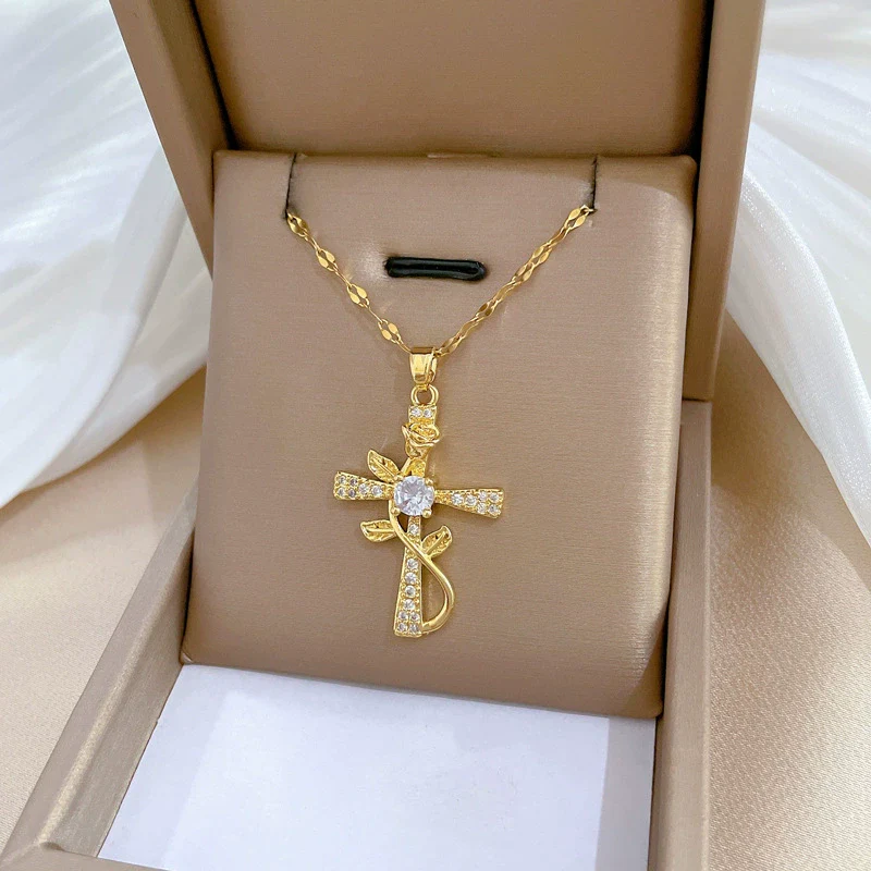 Wholesale Titanium Steel Cross Flower Necklace With Zirconium For Women Cartoon Style Geometric Pattern - Image 4