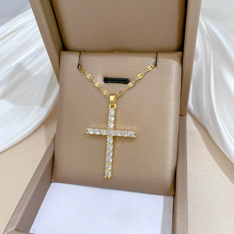 Wholesale Titanium Steel Cross Zircon Copper Microinlay Real Gold Electroplated Geometric Clavicle Chain Necklace - Image 3