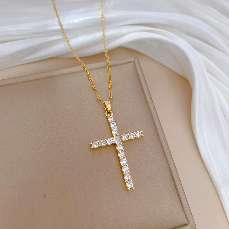 Wholesale Titanium Steel Cross Zircon Copper Microinlay Real Gold Electroplated Geometric Clavicle Chain Necklace - Image 4