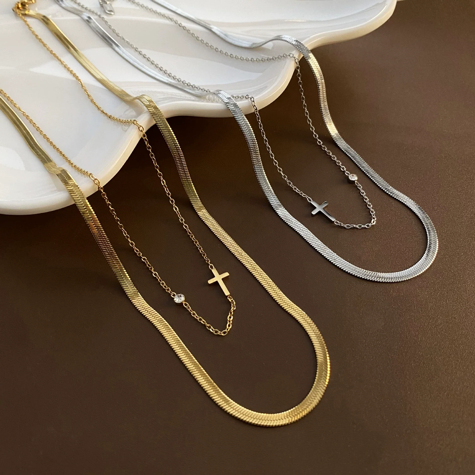 Wholesale Titanium Steel Double Layer Simple Cold Style Clavicle Chain With Geometric Cross And Zircon For Women