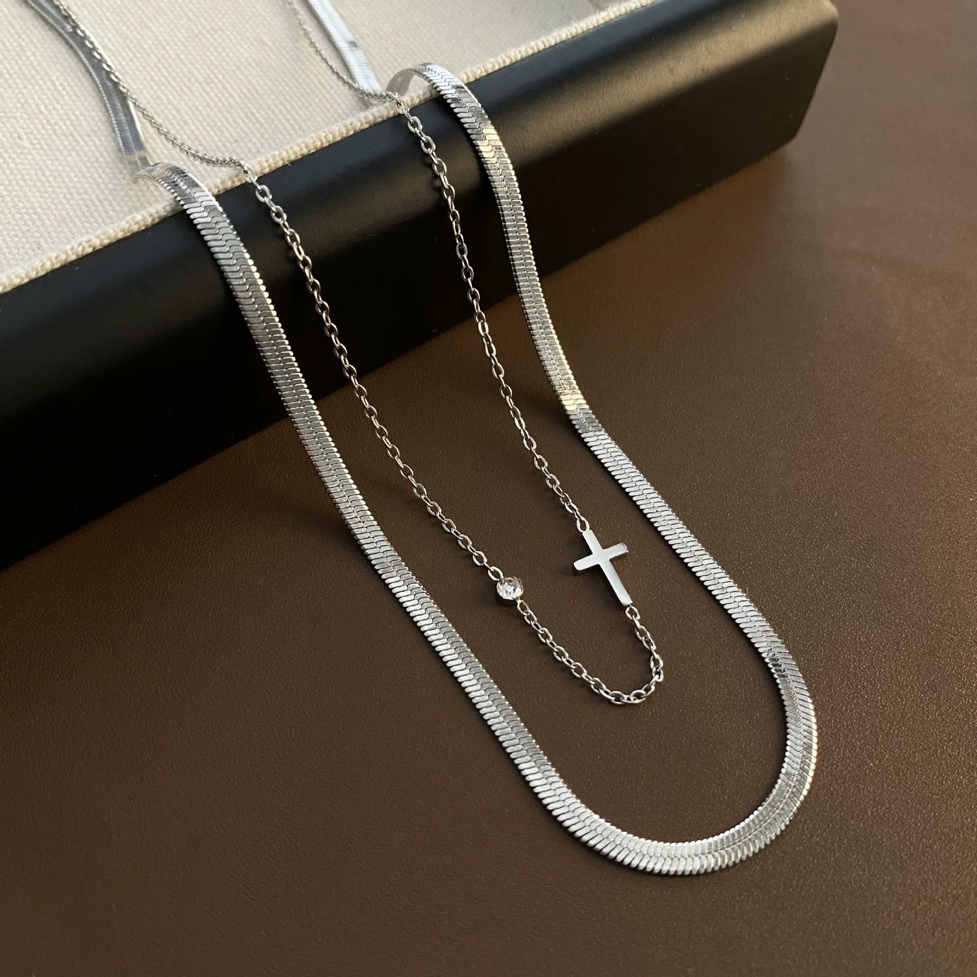 Wholesale Titanium Steel Double Layer Simple Cold Style Clavicle Chain With Geometric Cross And Zircon For Women - Image 6