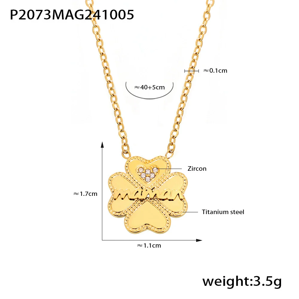 Wholesale Titanium Steel Doublelayer Clavicle Necklace For Women With Microinlaid Zircon Geometric Letter Number And Text Pattern Electroplated Fourleaf Flower Design - Image 6