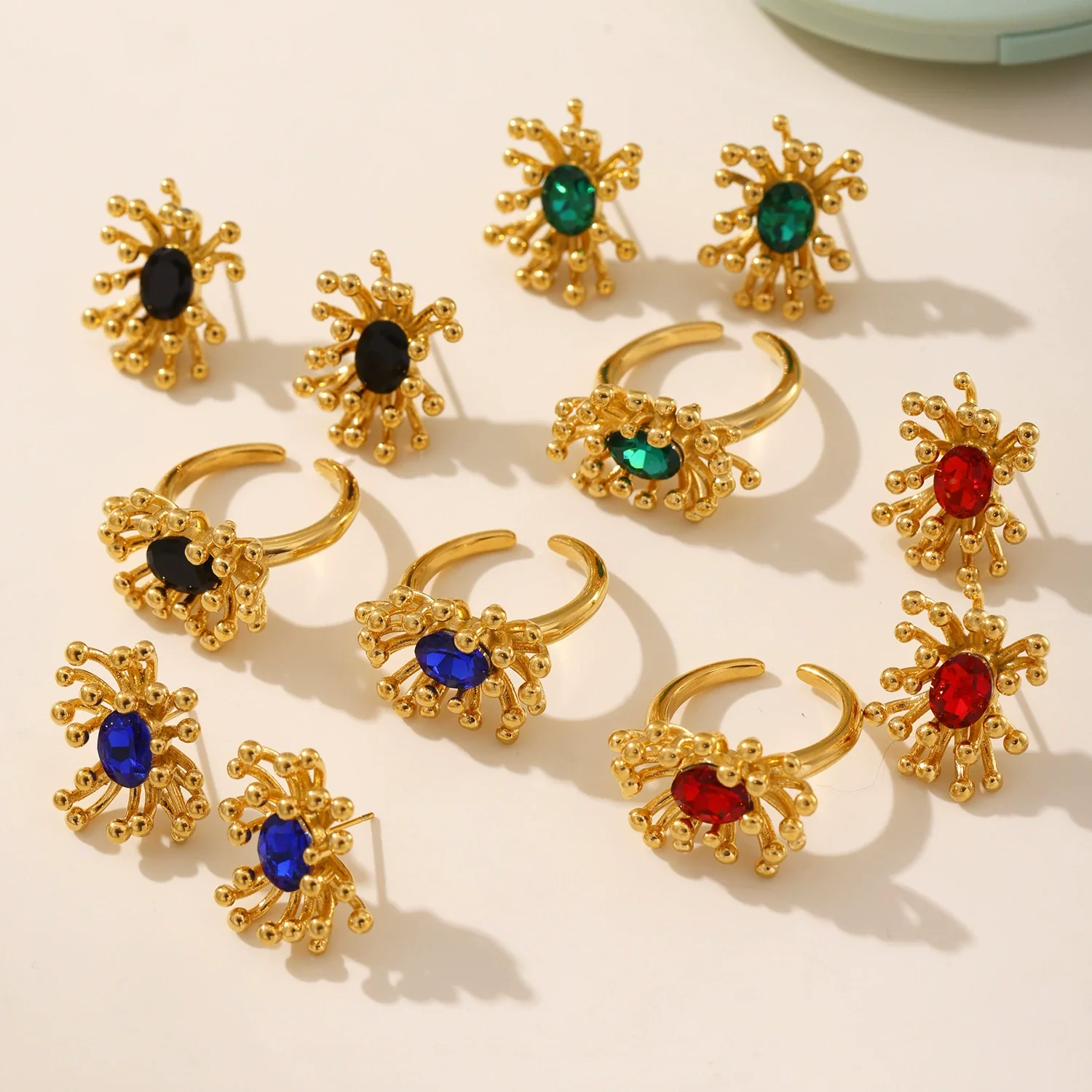 Wholesale Titanium Steel Electroplated Ferris Wheel Flower Stamen Inlaid Zircon Unisex Jewelry Set With Earrings And Rings - Image 2