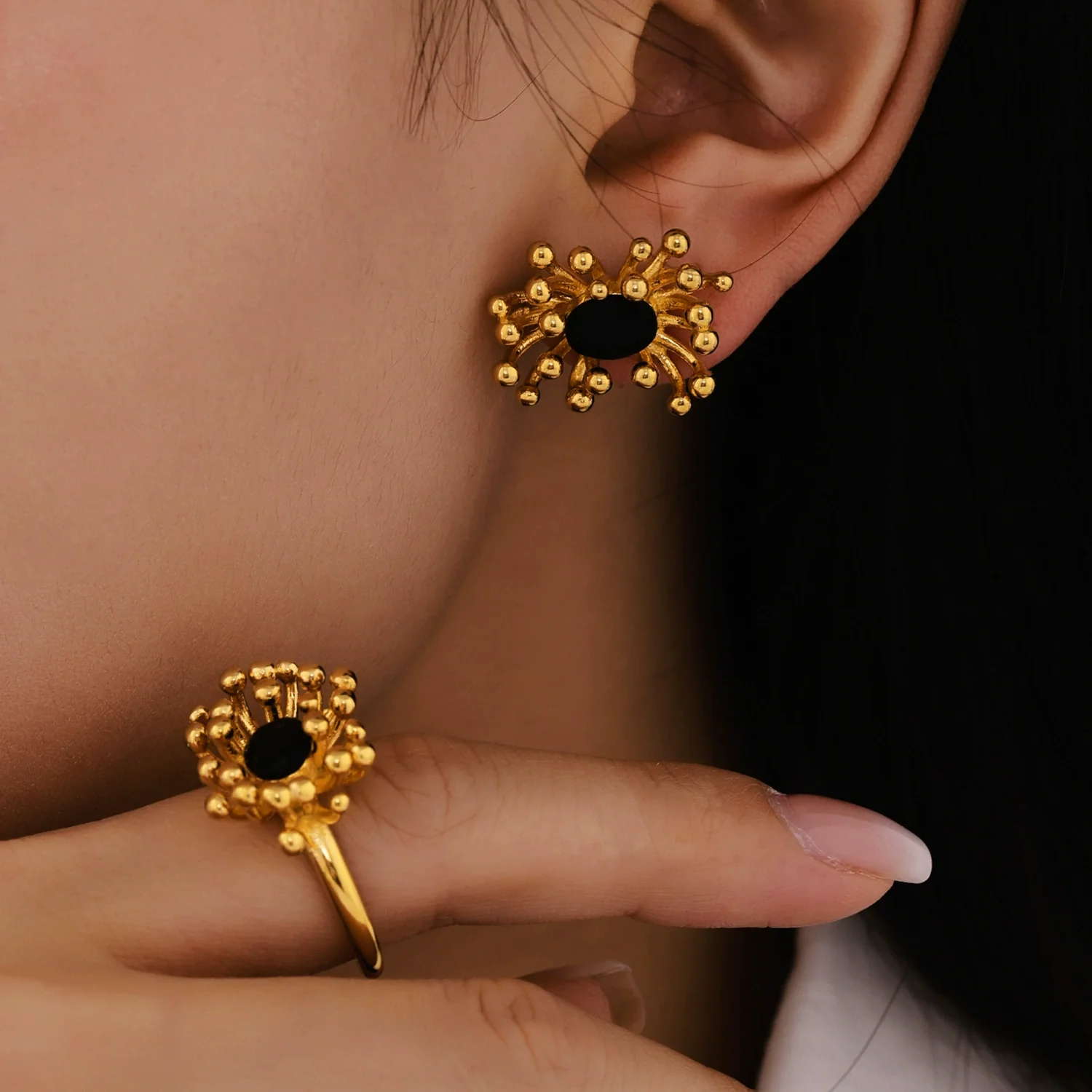 Wholesale Titanium Steel Electroplated Ferris Wheel Flower Stamen Inlaid Zircon Unisex Jewelry Set With Earrings And Rings - Image 4