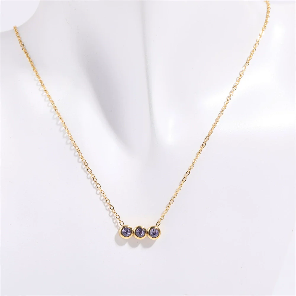 Wholesale Titanium Steel Electroplated Geometric Three Round Zircon Inlaid Birthday Stone Pendant Necklace For Women - Image 7