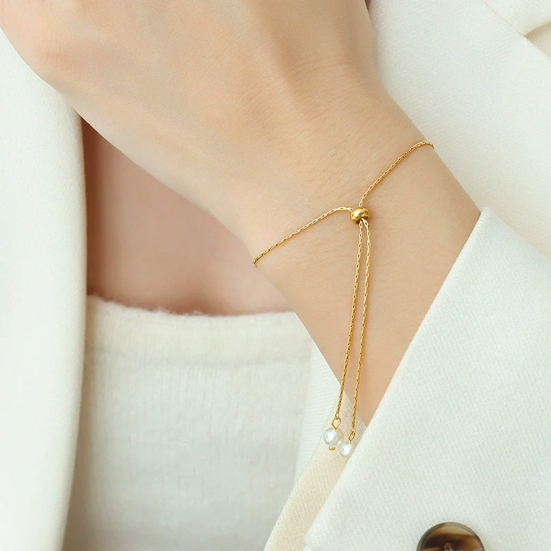 Wholesale Titanium Steel Electroplated Personality Vertical Square Chain Pullout Necklace And Bracelet Jewelry Set For Women - Image 5