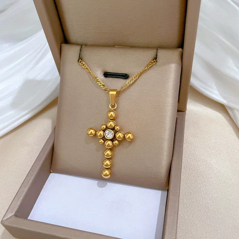 Wholesale Titanium Steel Geometric Cartoon Plant Flowers Electroplated Round Ball Cross Necklace Unisex - Image 3