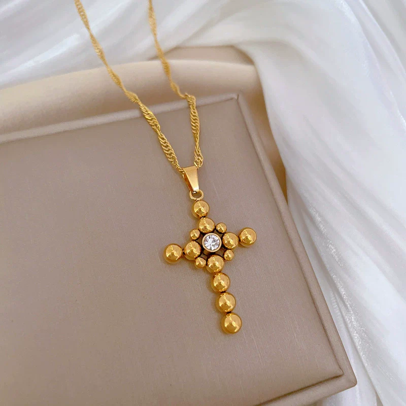 Wholesale Titanium Steel Geometric Cartoon Plant Flowers Electroplated Round Ball Cross Necklace Unisex - Image 4
