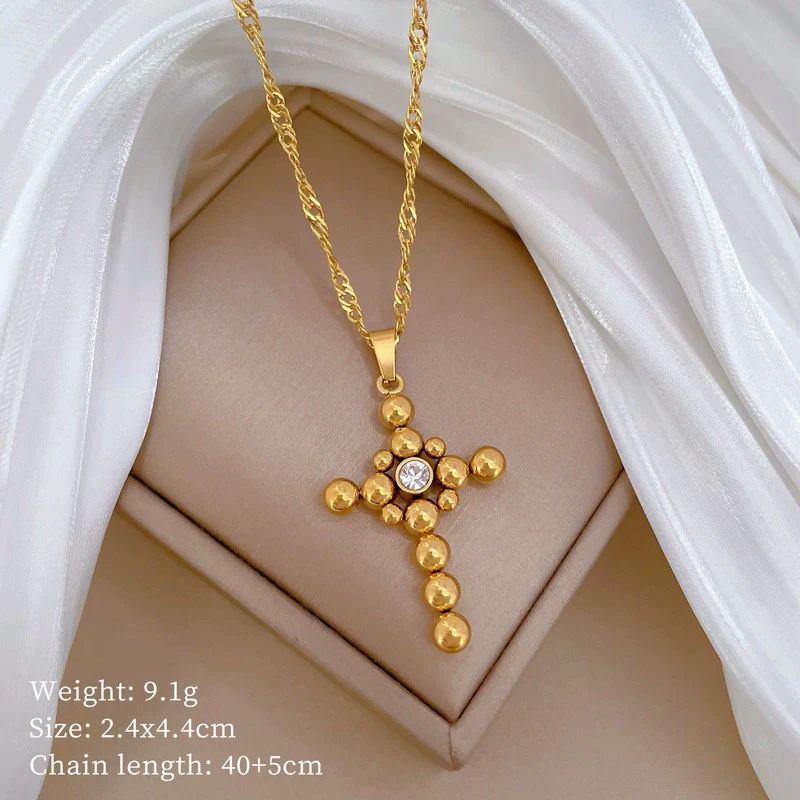 Wholesale Titanium Steel Geometric Cartoon Plant Flowers Electroplated Round Ball Cross Necklace Unisex - Image 6