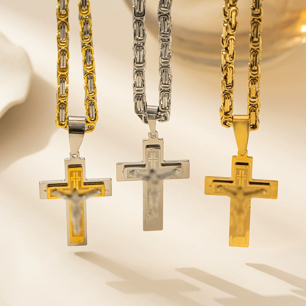 Wholesale Titanium Steel Geometric Cross Pendant Necklace With String Of Pearls Chain For Men Electroplated